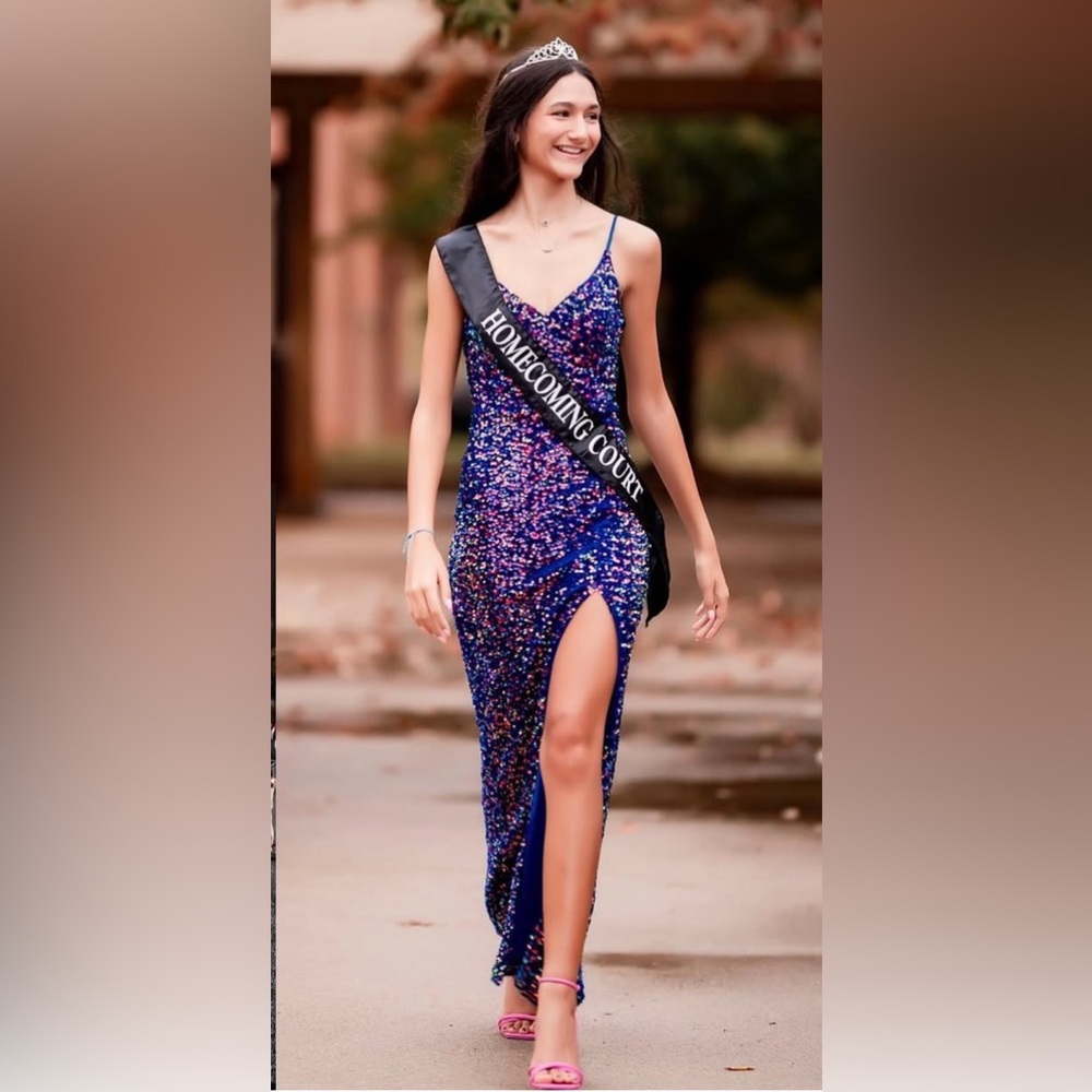 Elegant Sequin Evening Gown - Blue and Pink